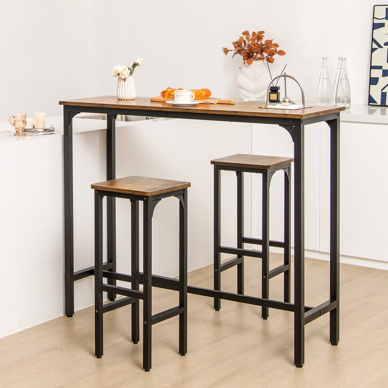 3 Pieces Industrial Bar Table and Chairs Set with Metal Frame-Rustic Brown