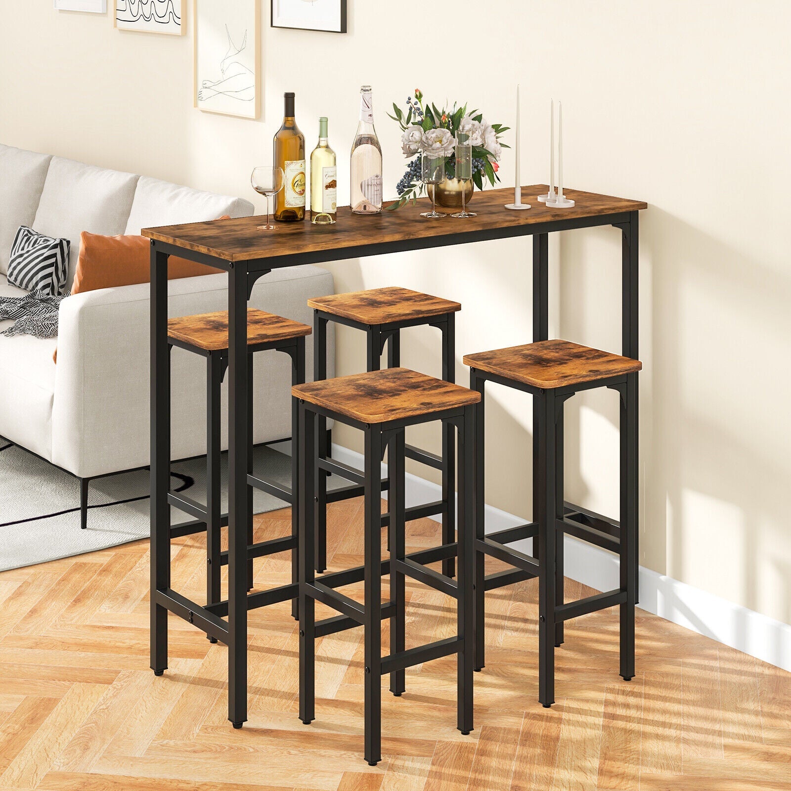 3 Pieces Industrial Bar Table and Chairs Set with Metal Frame-Rustic Brown