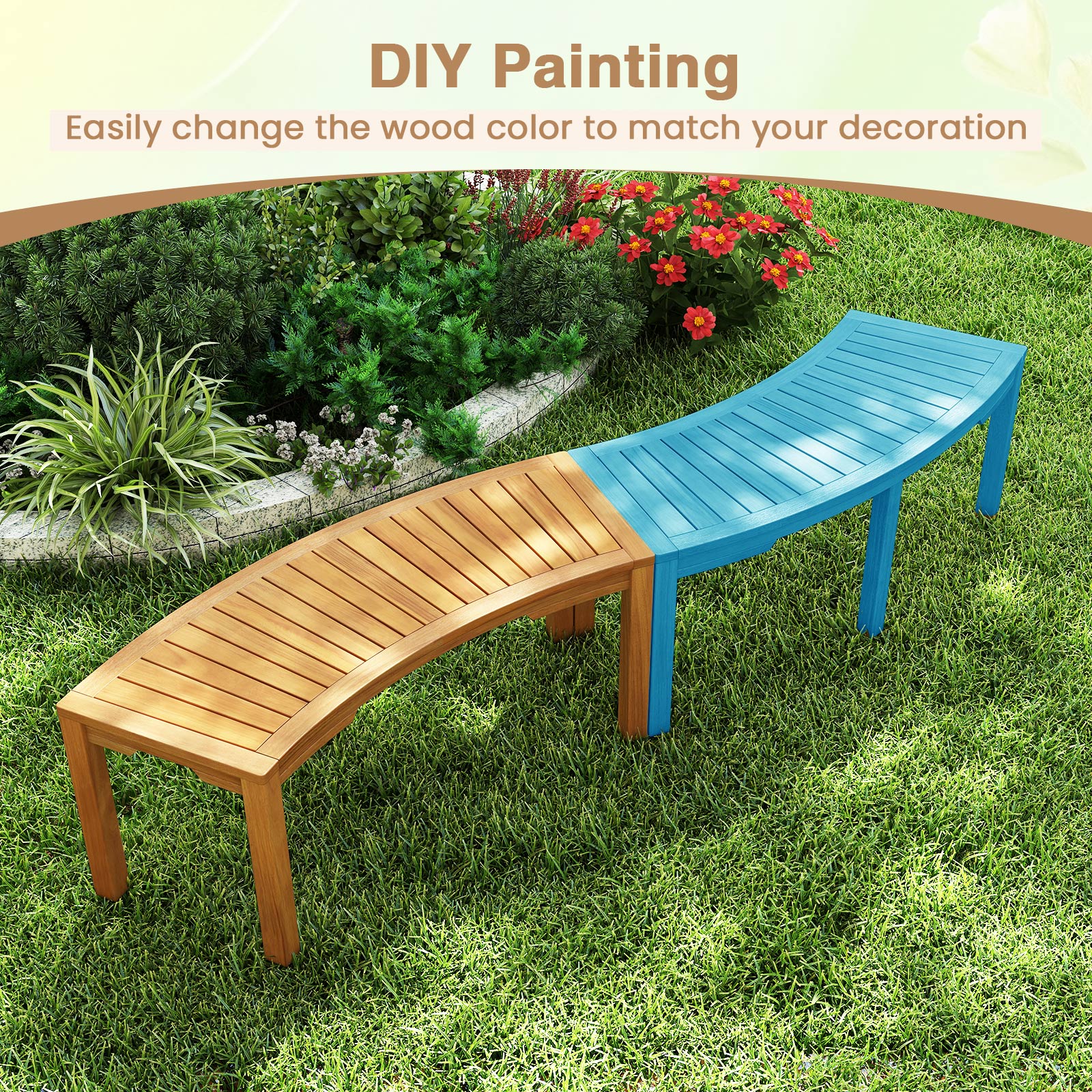 Set of 1 Outdoor Bench Acacia Wood Curved Garden Bench 2-Person