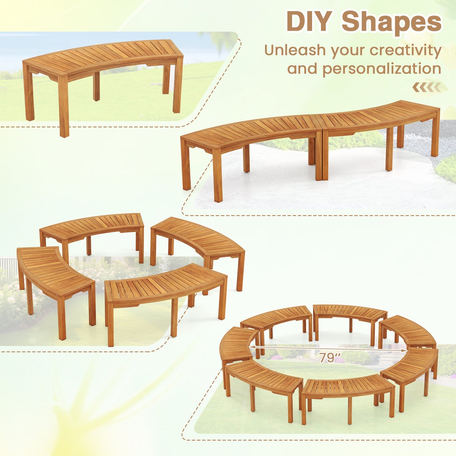 Set of 1 Outdoor Bench Acacia Wood Curved Garden Bench 2-Person