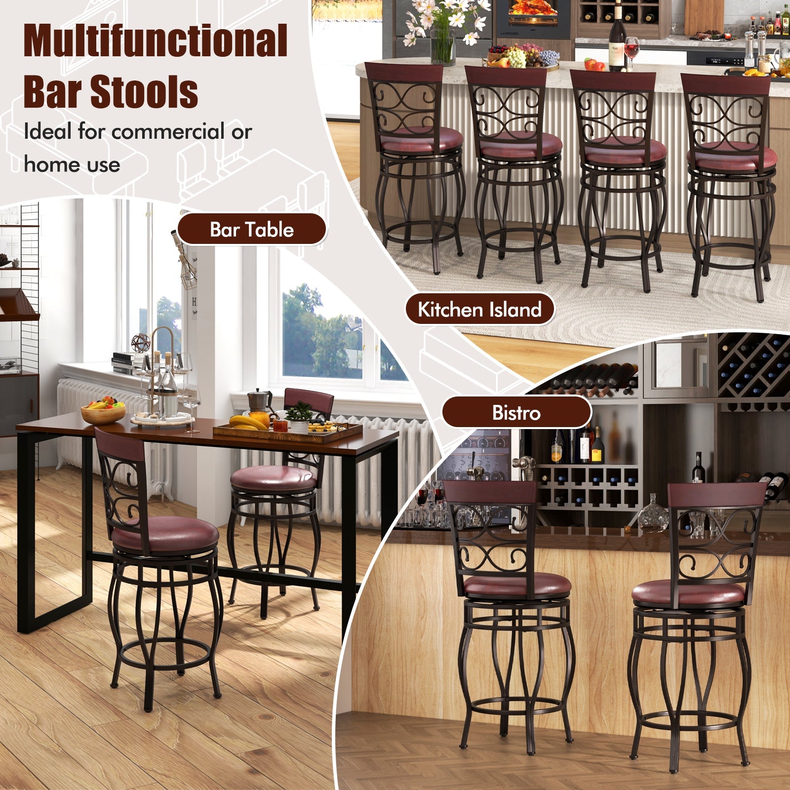 Set of 2 26 Inch Bar Stool with Backrest and Footrest-Brown