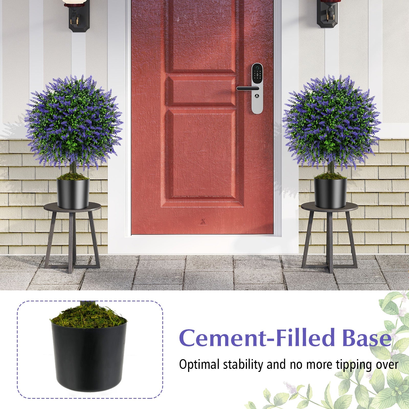23 Inch Set of 2 Artificial Lavender Topiary Ball Trees with Cement-Filled Pot-Purple