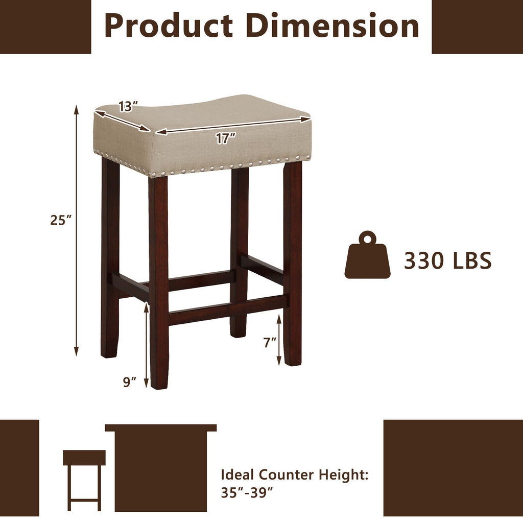 Set of 2 24 Inch Bar Stool with Curved Seat Cushions-Beige