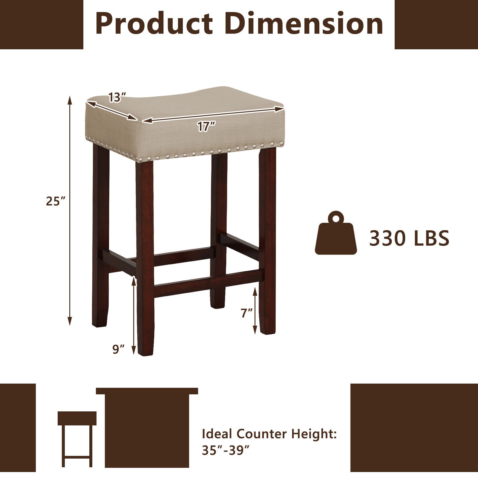 Set of 2 24 Inch Bar Stool with Curved Seat Cushions-Beige