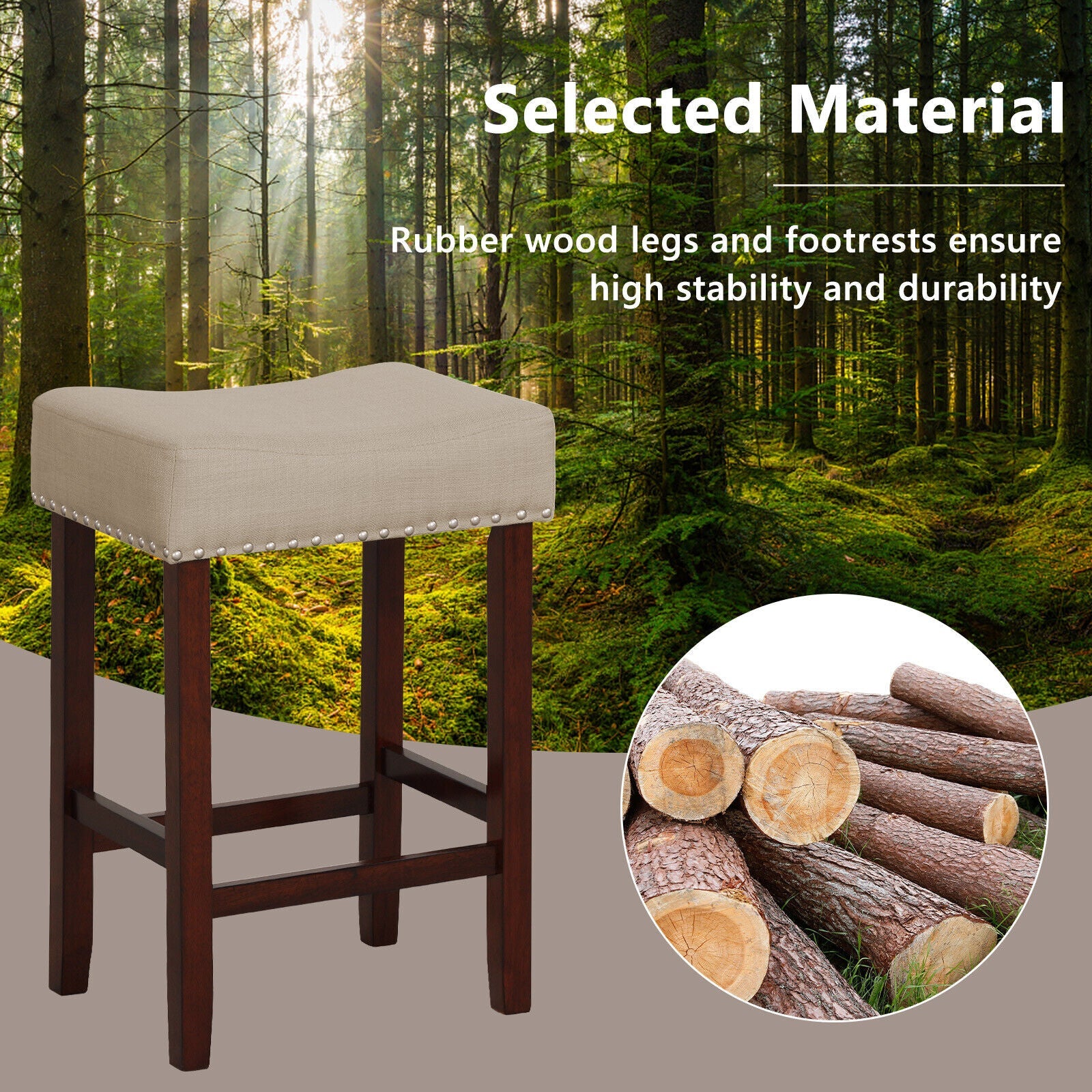 Set of 2 24 Inch Bar Stool with Curved Seat Cushions-Beige