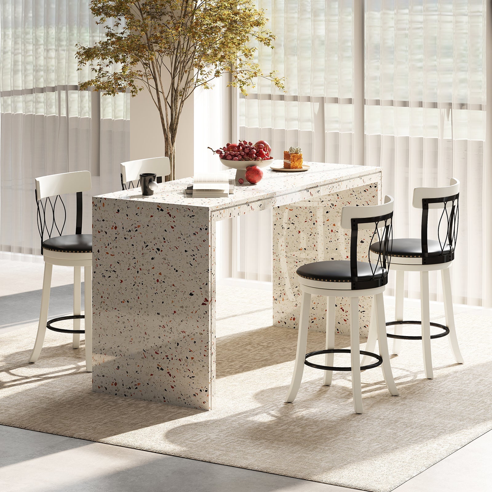 Set of 2 Bar Stools Swivel Bar Chairs with Footrest Rubber Wood Frame and Tufted Rivets-26 inches