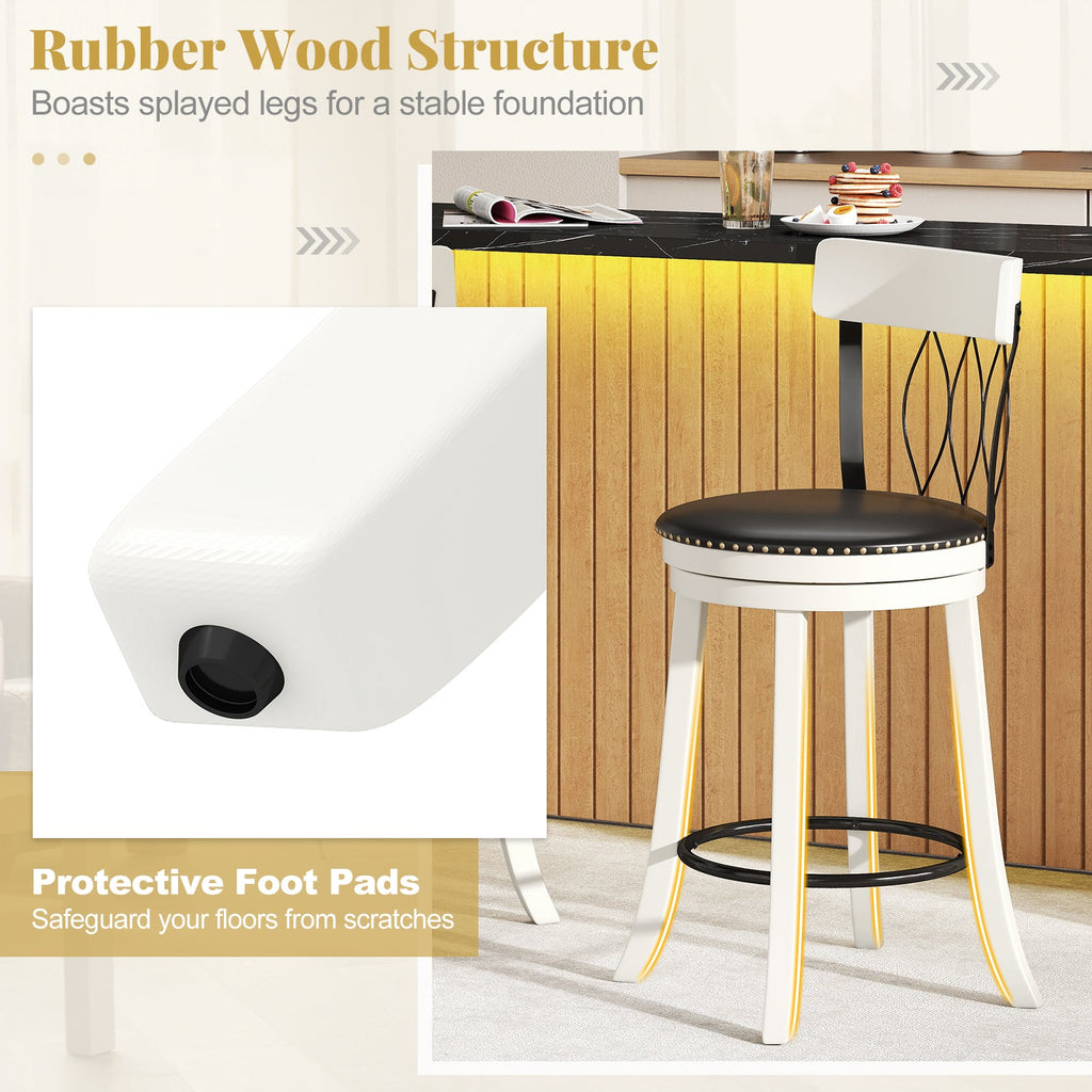 Set of 2 Bar Stools Swivel Bar Chairs with Footrest Rubber Wood Frame and Tufted Rivets-26 inches