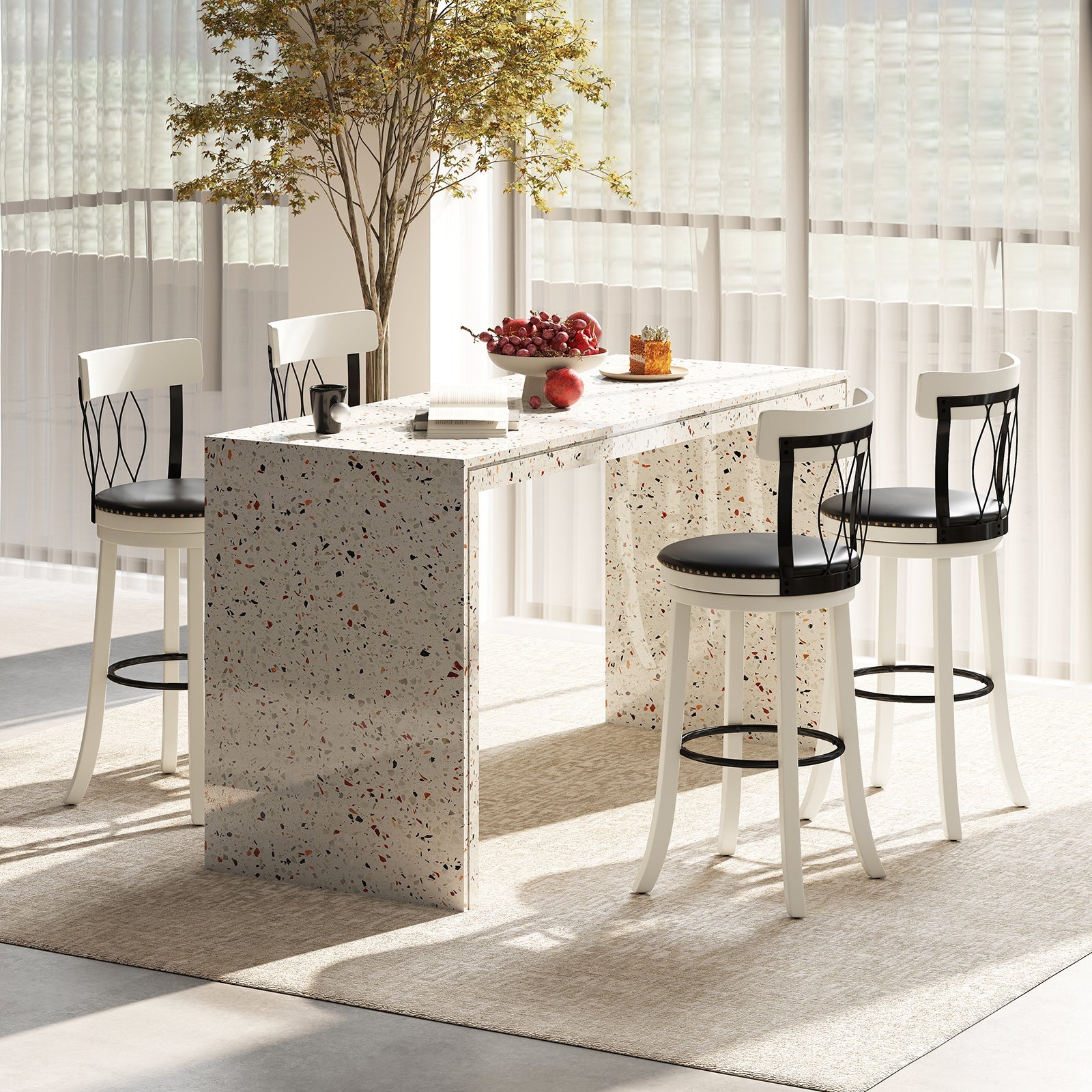 Set of 2 Bar Stools Swivel Bar Chairs with Footrest Rubber Wood Frame and Tufted Rivets-30 inches