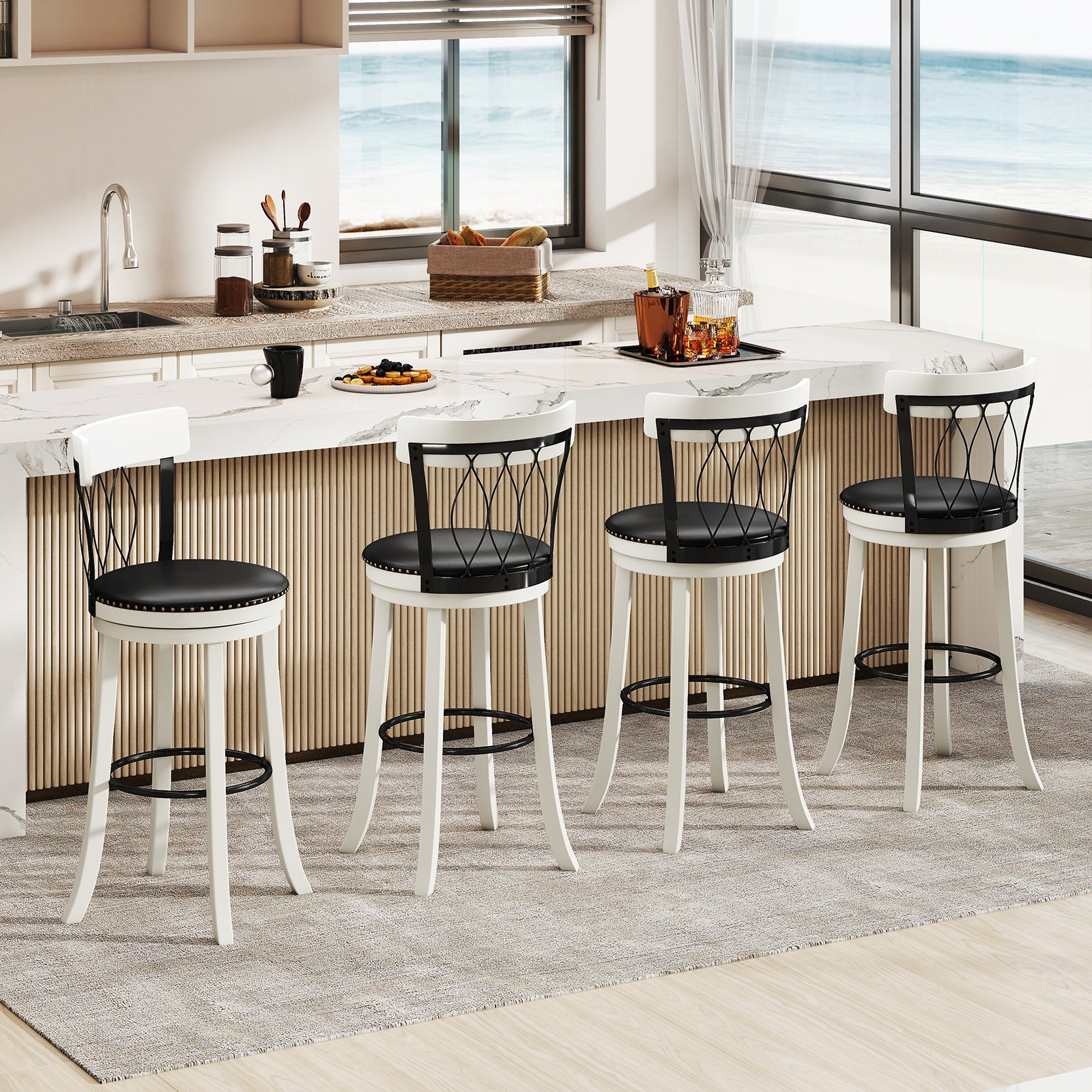 Set of 2 Bar Stools Swivel Bar Chairs with Footrest Rubber Wood Frame and Tufted Rivets-30 inches
