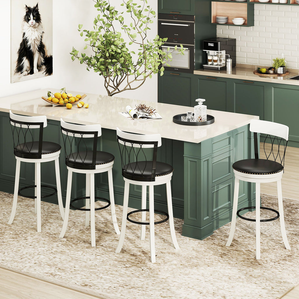 Set of 2 Bar Stools Swivel Bar Chairs with Footrest Rubber Wood Frame and Tufted Rivets-30 inches