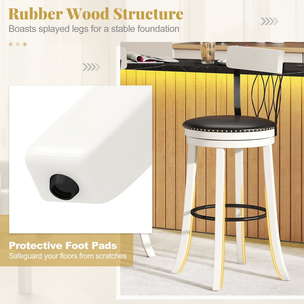 Set of 2 Bar Stools Swivel Bar Chairs with Footrest Rubber Wood Frame and Tufted Rivets-30 inches