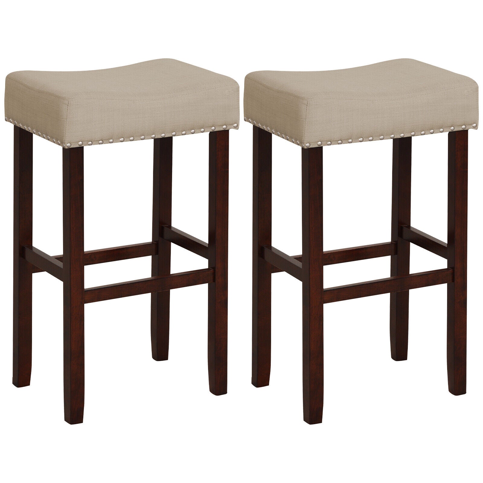 2 Set of 29 Inch Height Upholstered Bar Stool with Solid Rubber Wood Legs and Footrest-Beige
