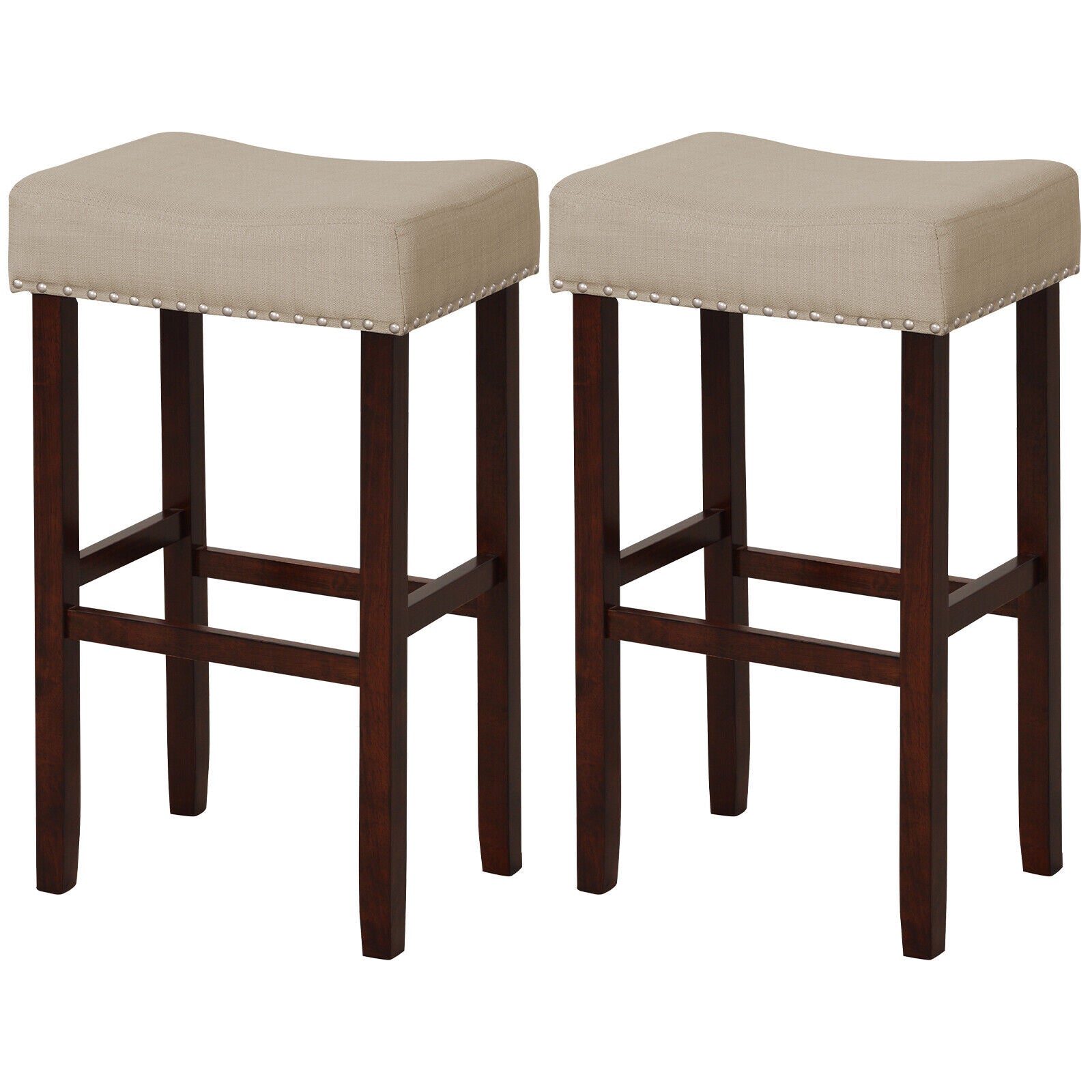 2 Set of 29 Inch Height Upholstered Bar Stool with Solid Rubber Wood Legs and Footrest-Beige