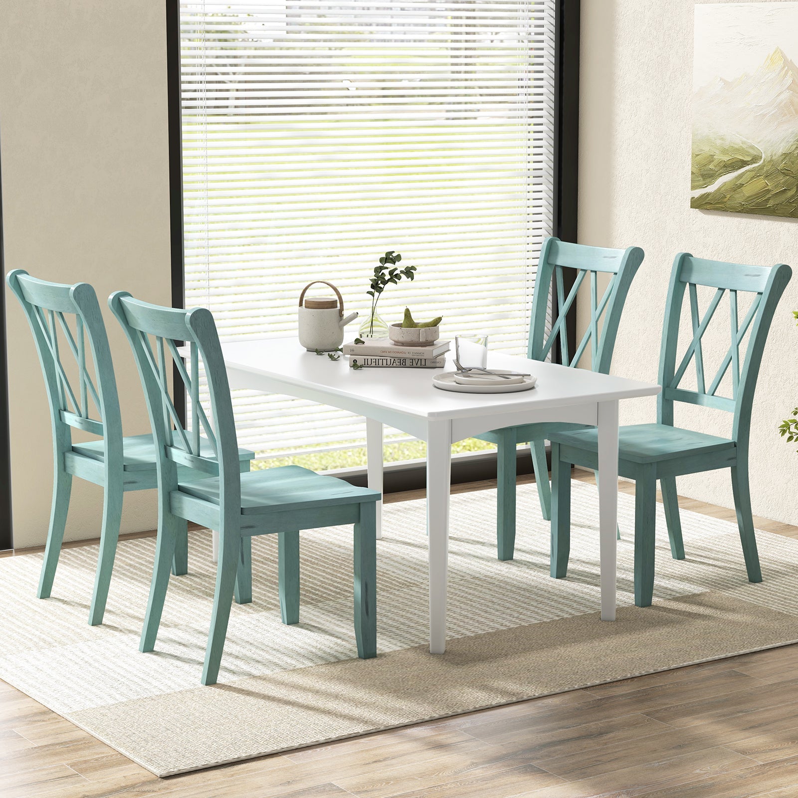 Set of 2 Cross Back Rubber Wood Dining Chairs-Green
