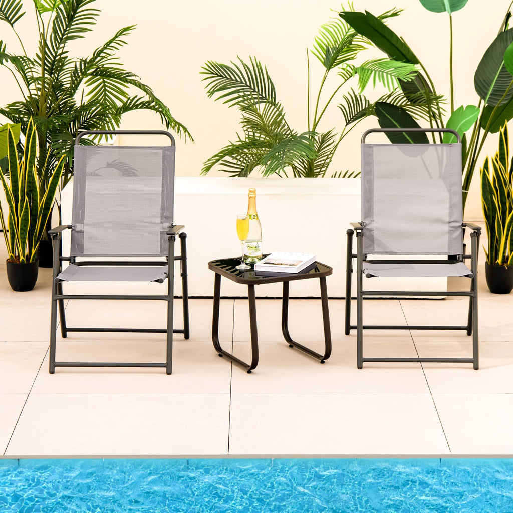 Set of 2 Outdoor Folding Sling Chairs with Armrest and Backrest-Gray