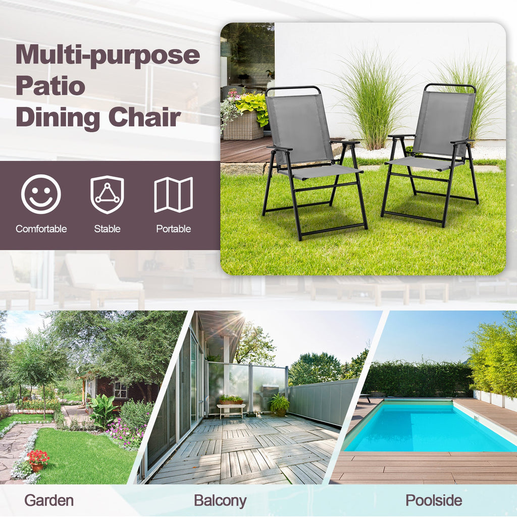 Set of 2 Outdoor Folding Sling Chairs with Armrest and Backrest-Gray