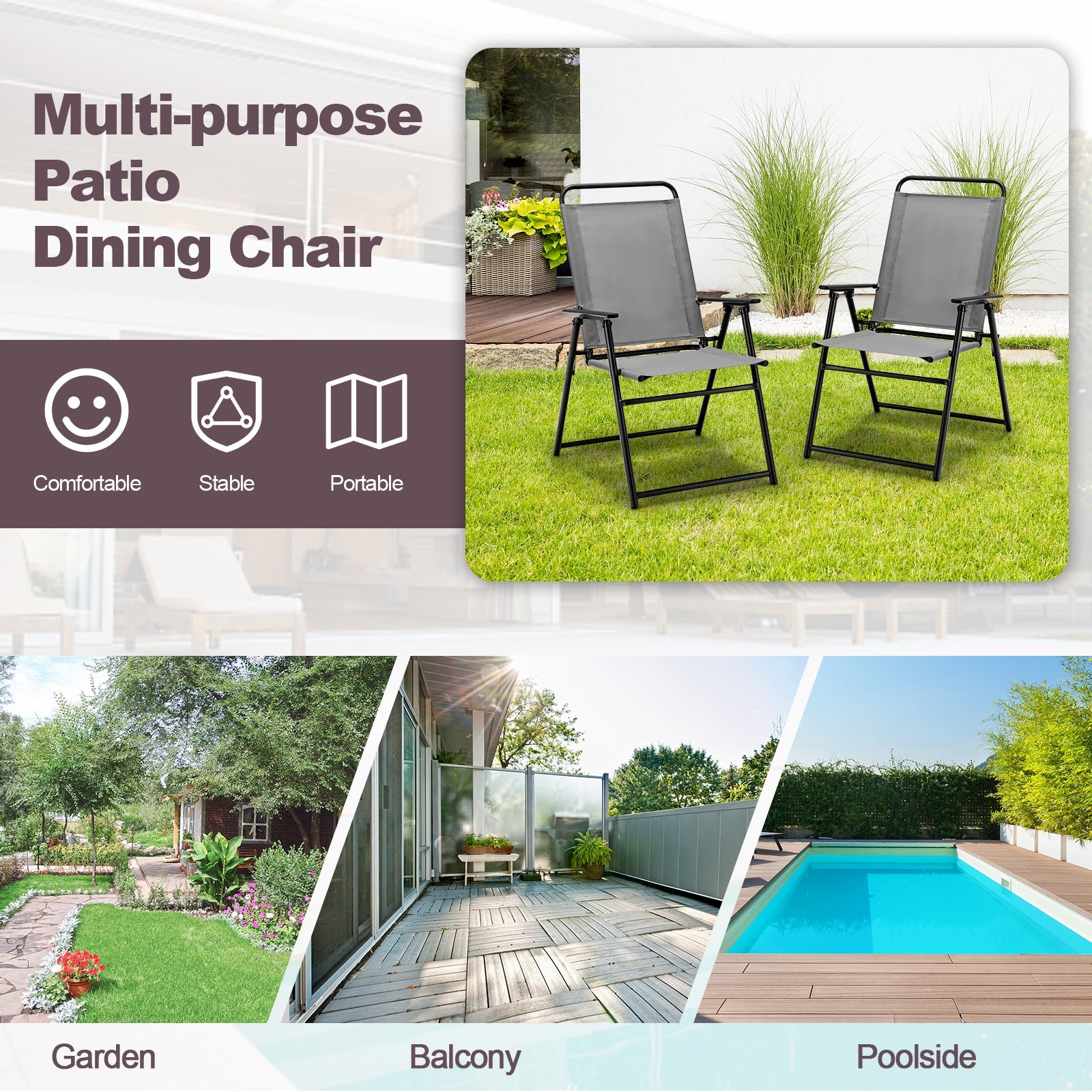 Set of 2 Outdoor Folding Sling Chairs with Armrest and Backrest-Gray