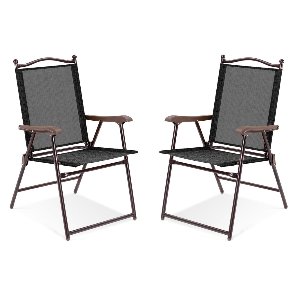 Set of 2 Patio Folding Sling Back Camping Deck Chairs-Black
