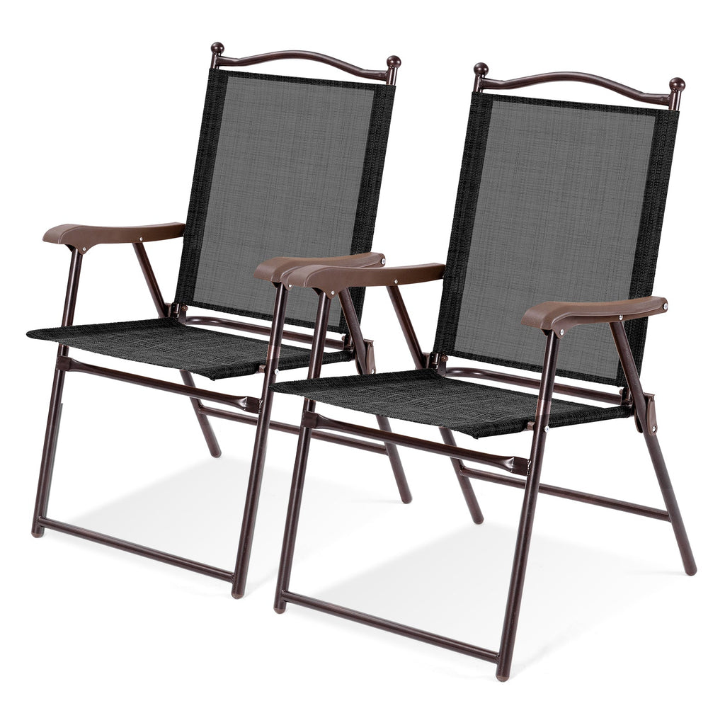 Set of 2 Patio Folding Sling Back Camping Deck Chairs-Black