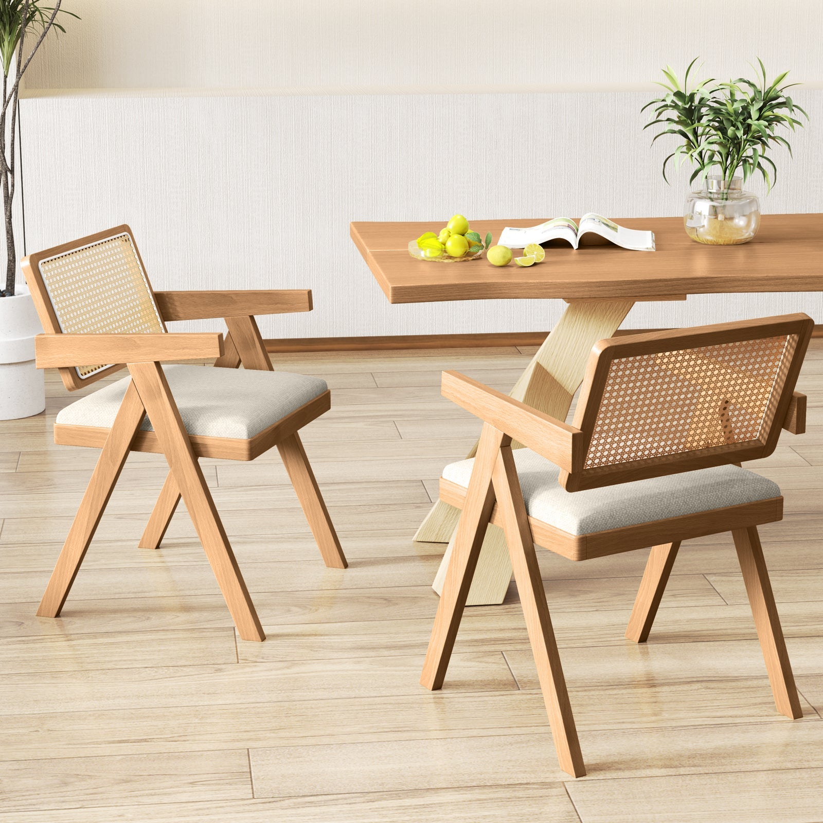Set of 2 Rattan Accent Chairs with Padded Cushion and Rubber Wood Frame-Beige