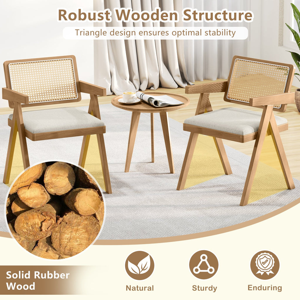 Set of 2 Rattan Accent Chairs with Padded Cushion and Rubber Wood Frame-Beige