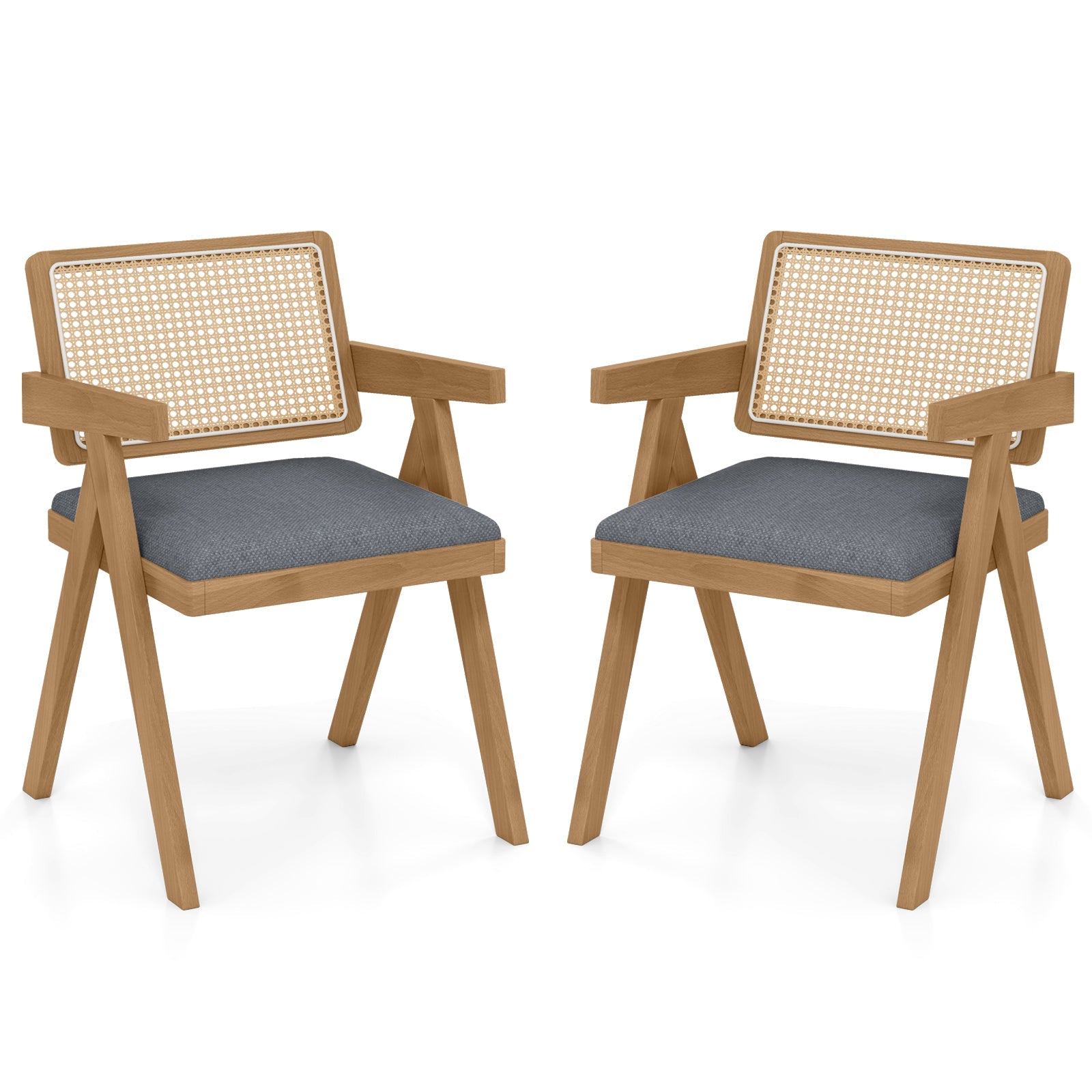Set of 2 Rattan Accent Chairs with Padded Cushion and Rubber Wood Frame-Gray