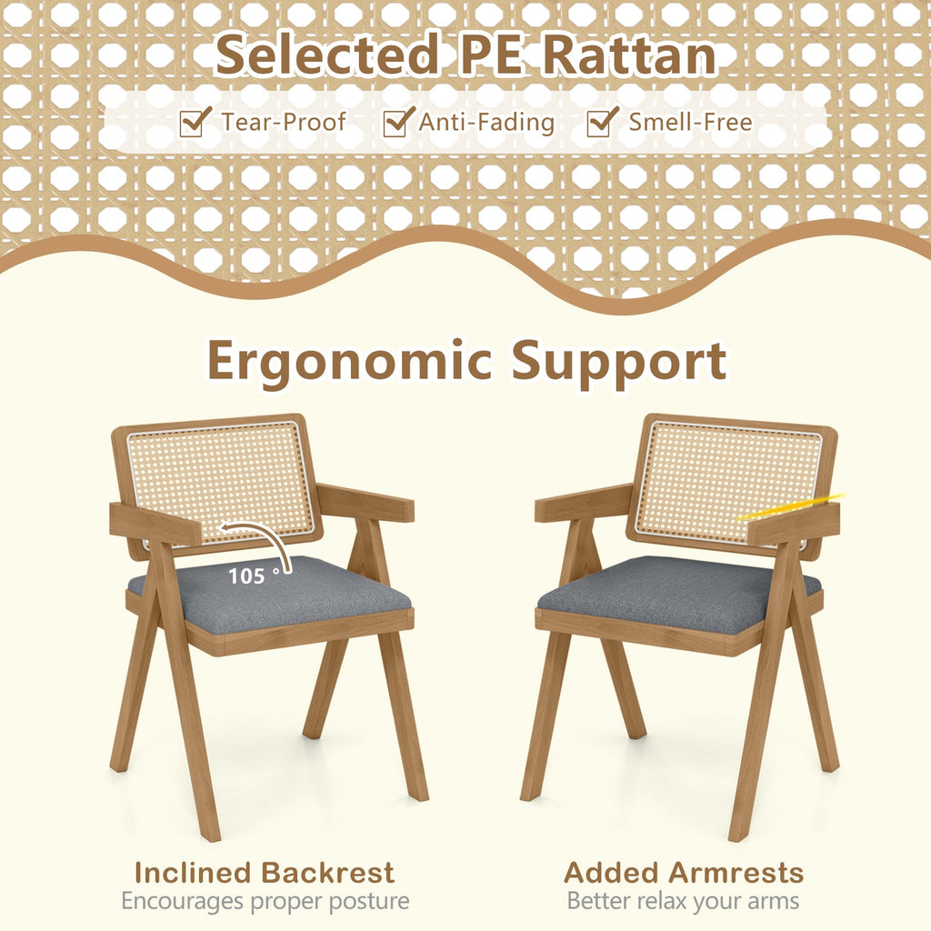Set of 2 Rattan Accent Chairs with Padded Cushion and Rubber Wood Frame-Gray