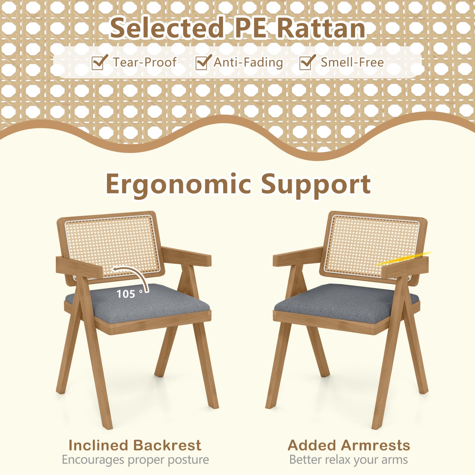 Set of 2 Rattan Accent Chairs with Padded Cushion and Rubber Wood Frame-Gray