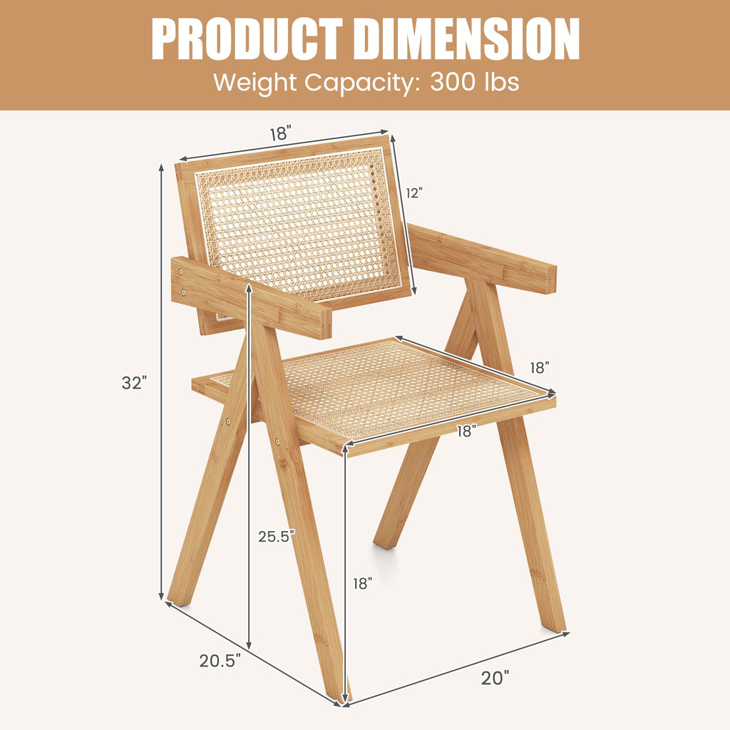Set of 2 Rattan Accent Chairs with Natural Bamboo Frame-Natural