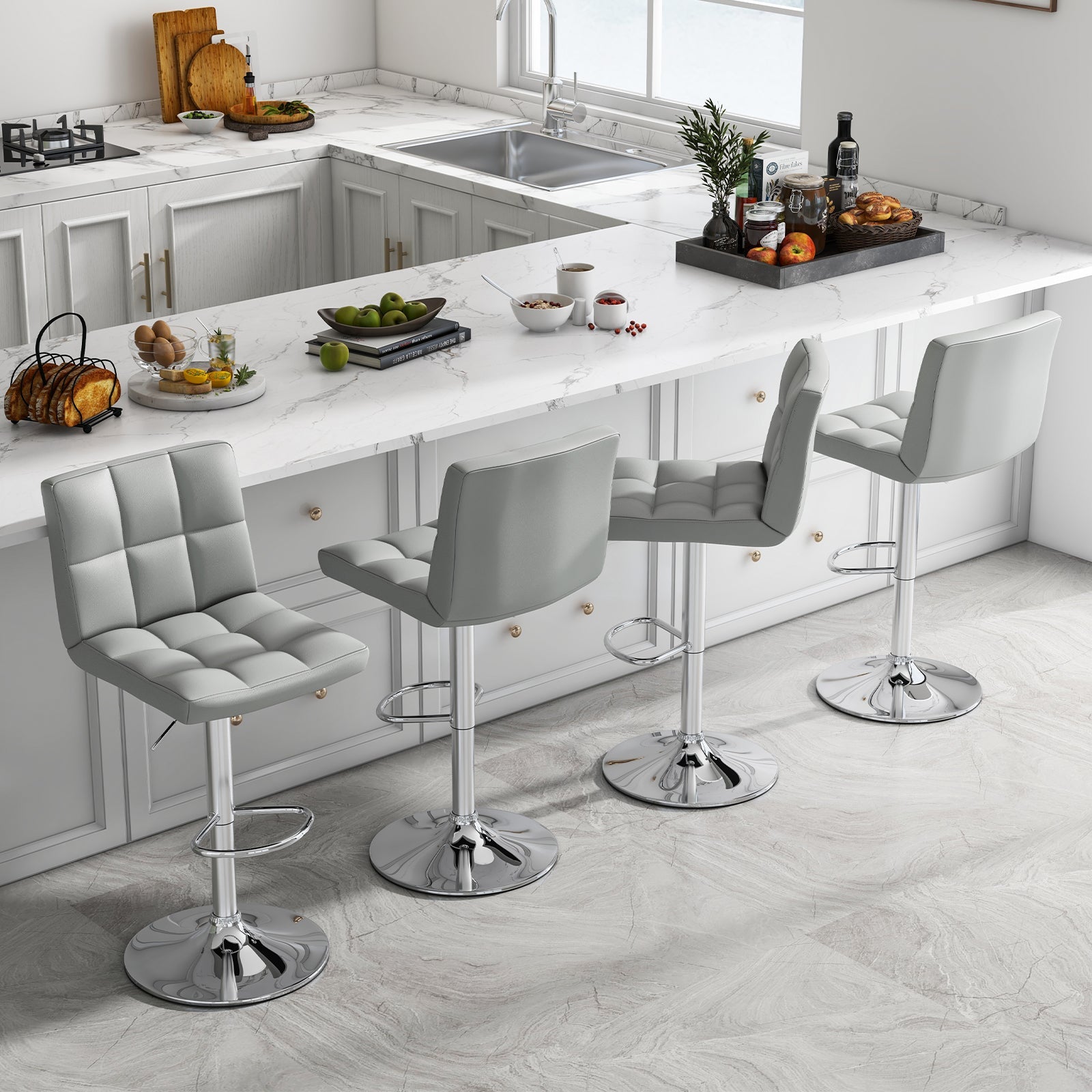 Set of 2 Square Swivel Adjustable Bar Stools with Back and Footrest-Gray