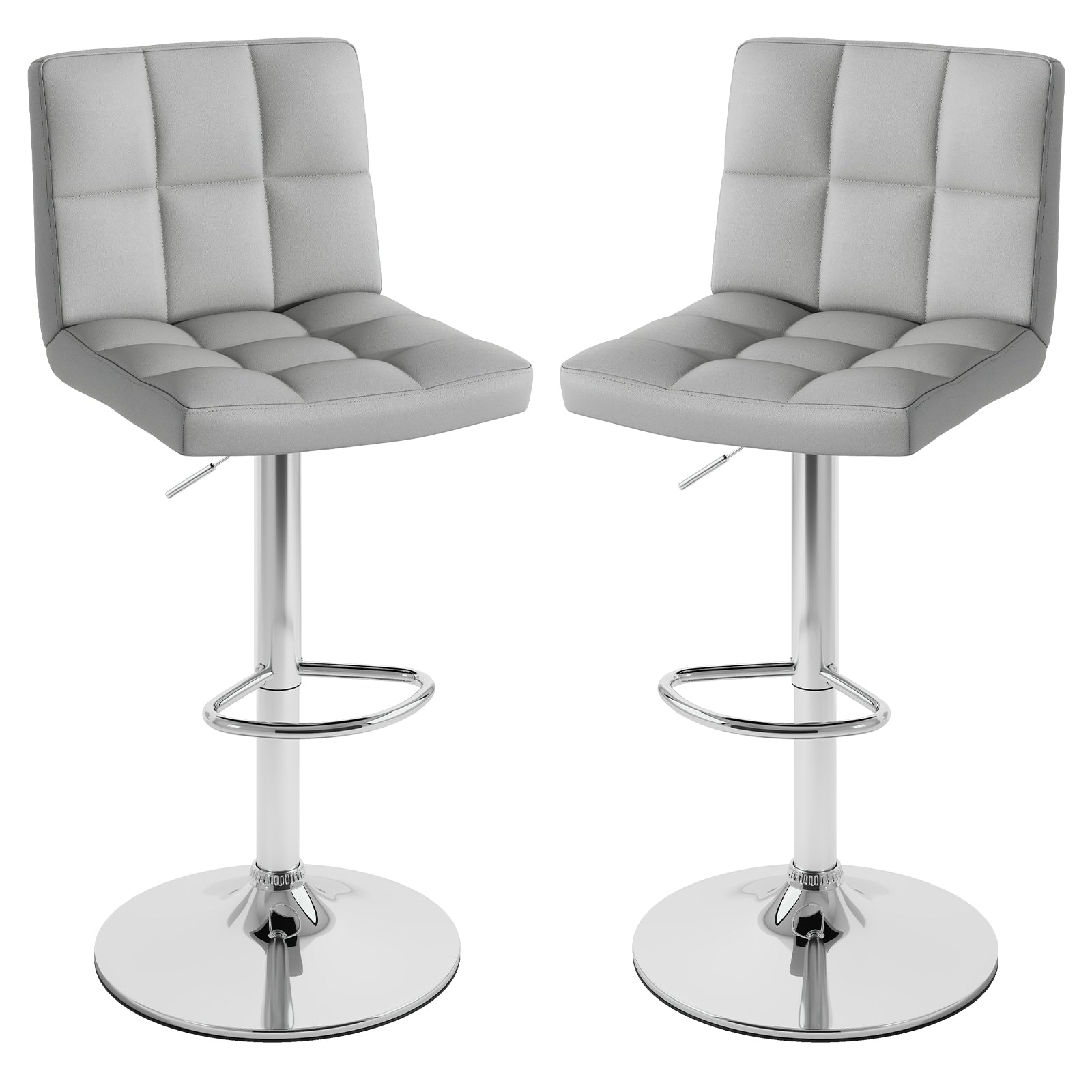 Set of 2 Square Swivel Adjustable Bar Stools with Back and Footrest-Gray