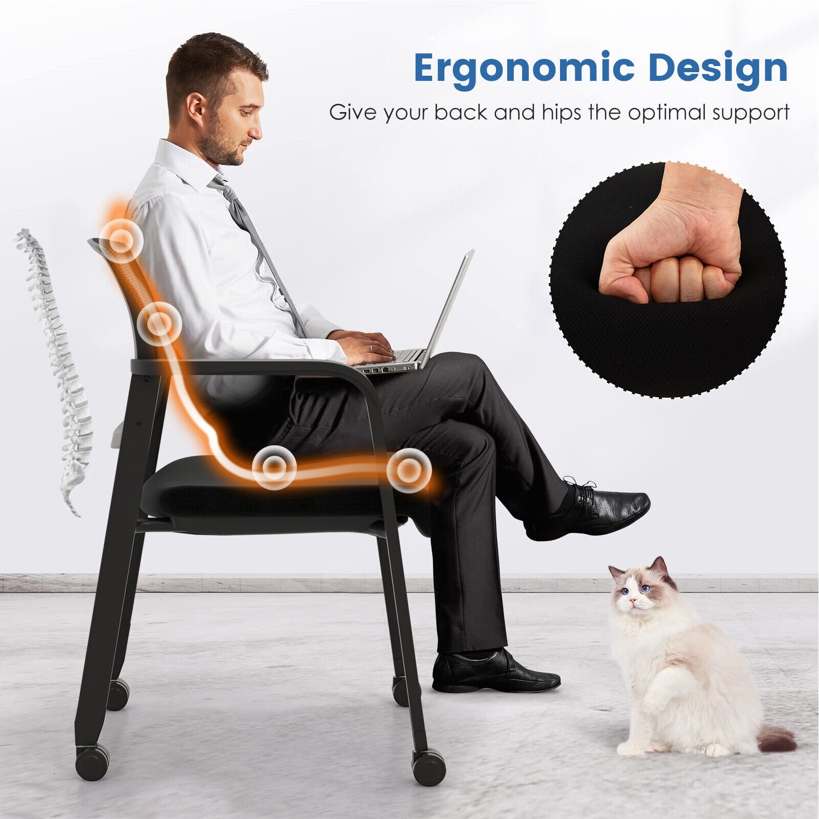 Set of 2 Stackable Rolling Office Chairs with Mesh Backrest-Black