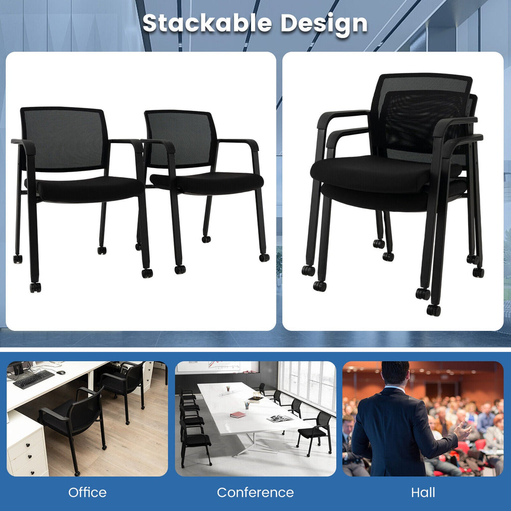 Set of 2 Stackable Rolling Office Chairs with Mesh Backrest-Black