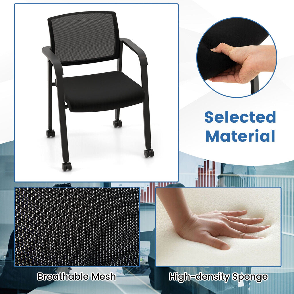Set of 2 Stackable Rolling Office Chairs with Mesh Backrest-Black