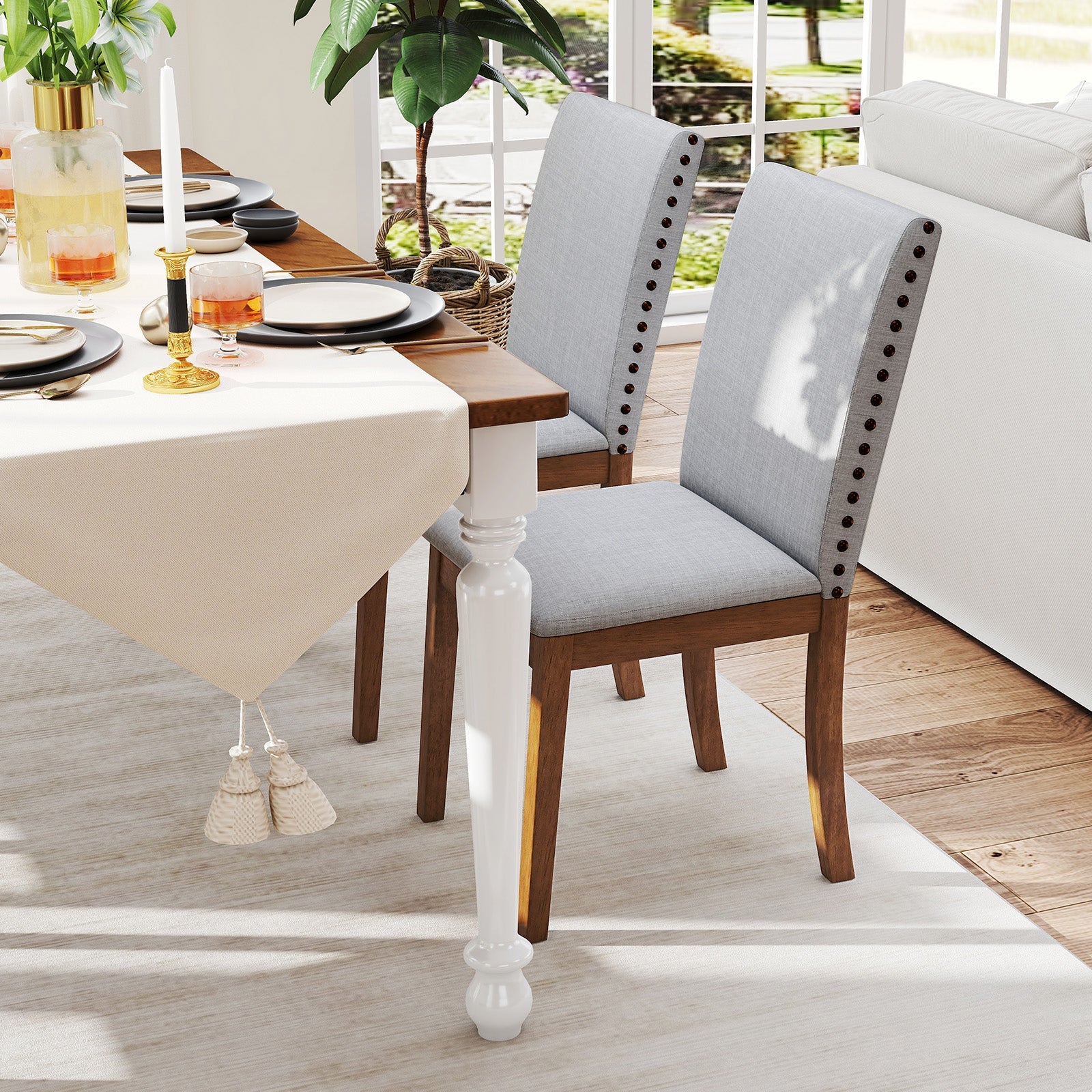 Set of 2 Upholstered Dining Chairs with Padded Seat for Living Room-Walnut