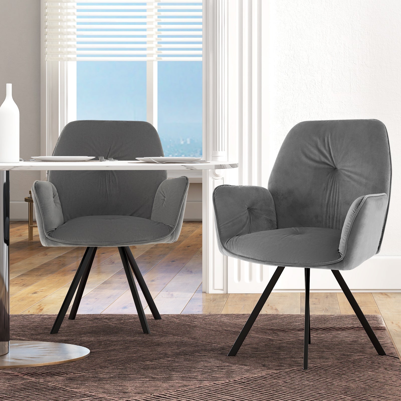 Set of 2 Swivel Accent Arm Chairs with Metal Legs and Wide Back-Gray