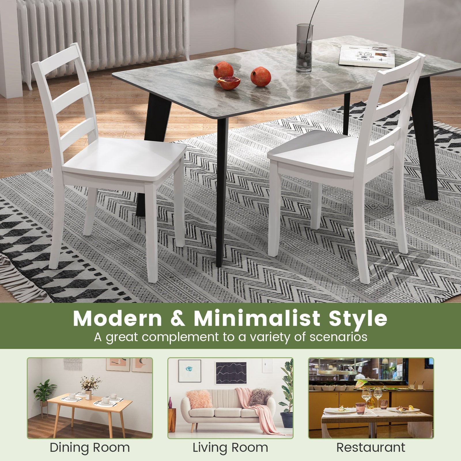 Set of 2 Wood Dining Chairs with Solid Rubber Wood Legs-White