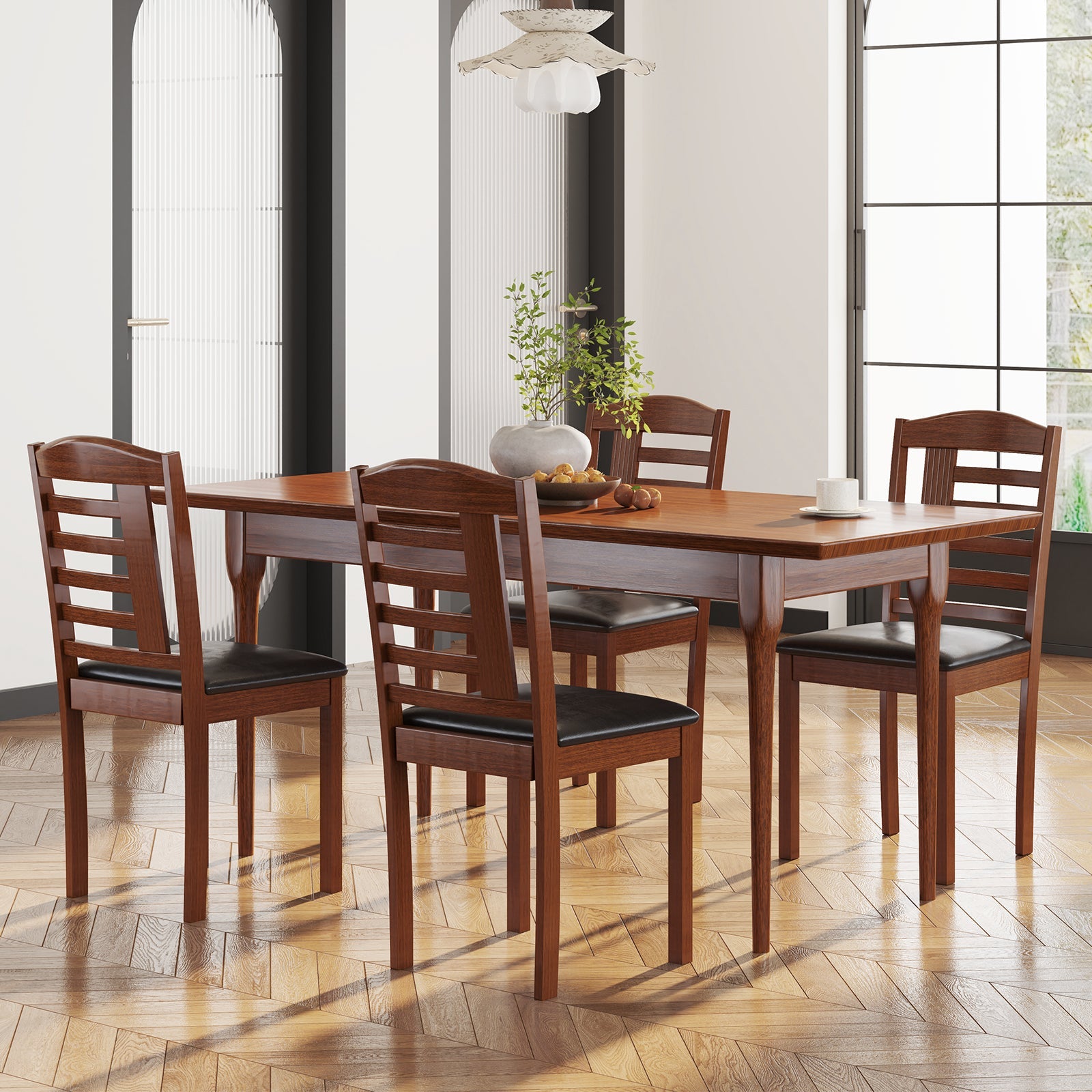 Set of 2 Wood Kitchen Chairs with Faux Leather Upholstered Seat-Black