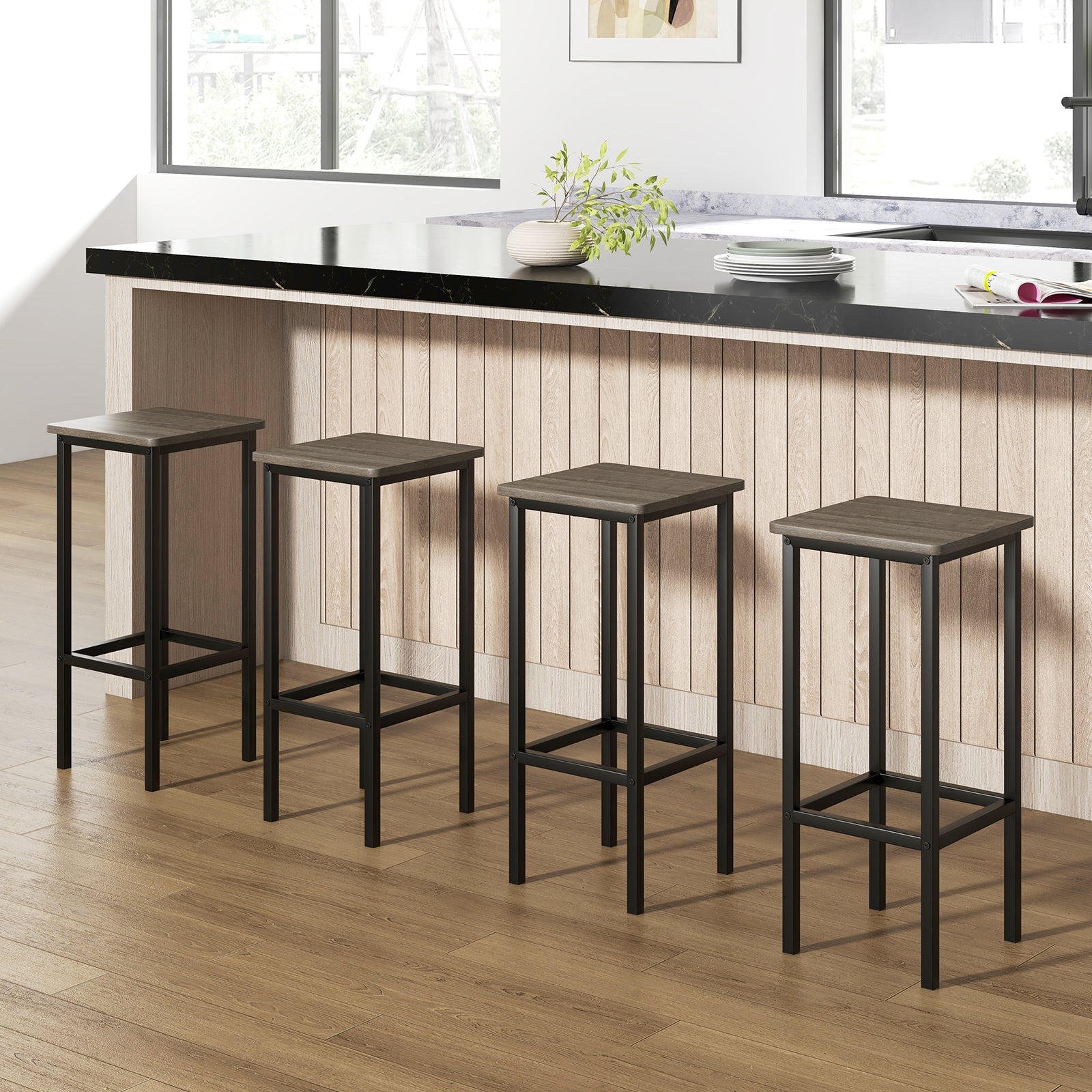 Set of 4 Bar Stool Set 26 Inch Bar Chair with Metal Legs and Footrest-Gray