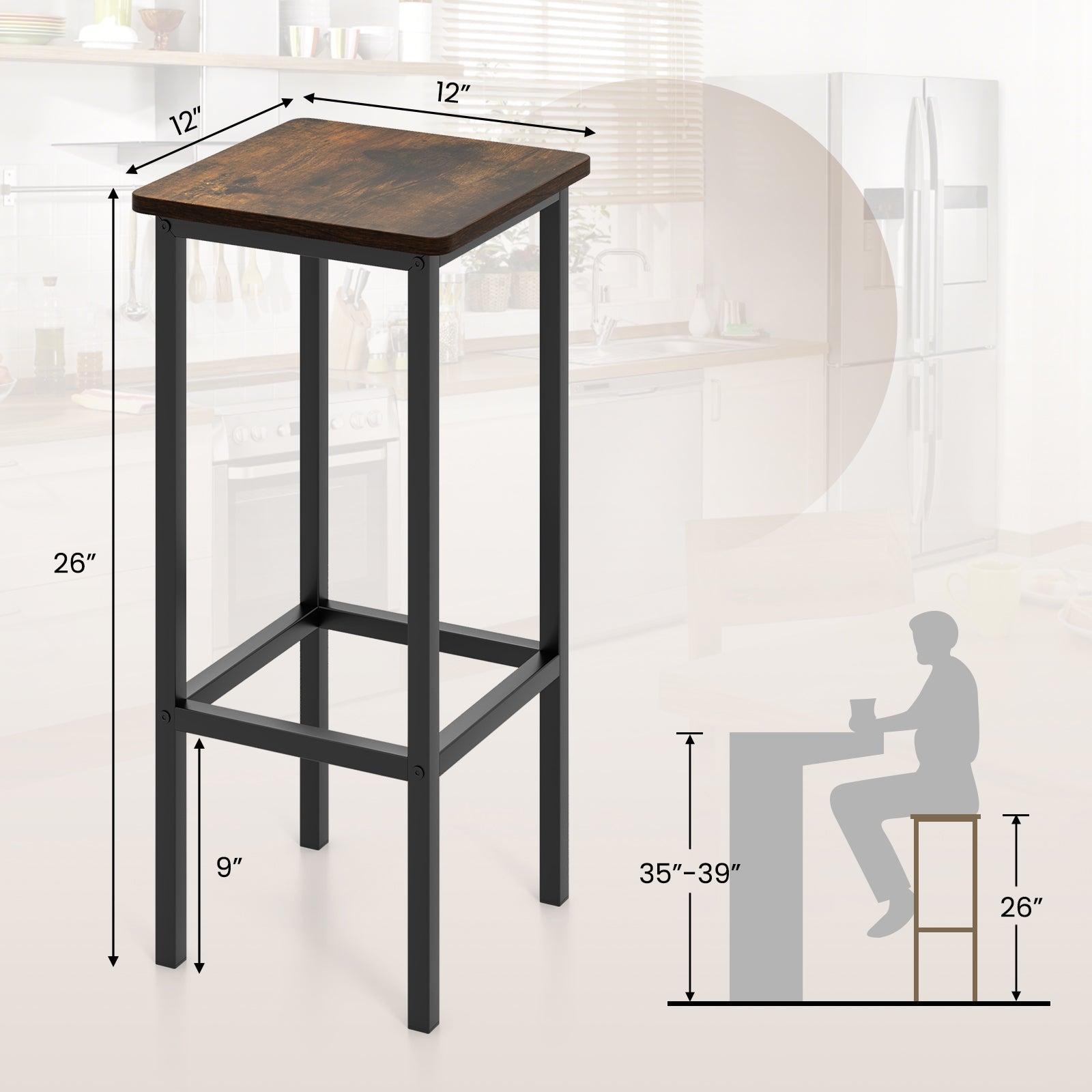 Set of 4 Bar Stool Set 26 Inch Bar Chair with Metal Legs and Footrest-Rustic Brown