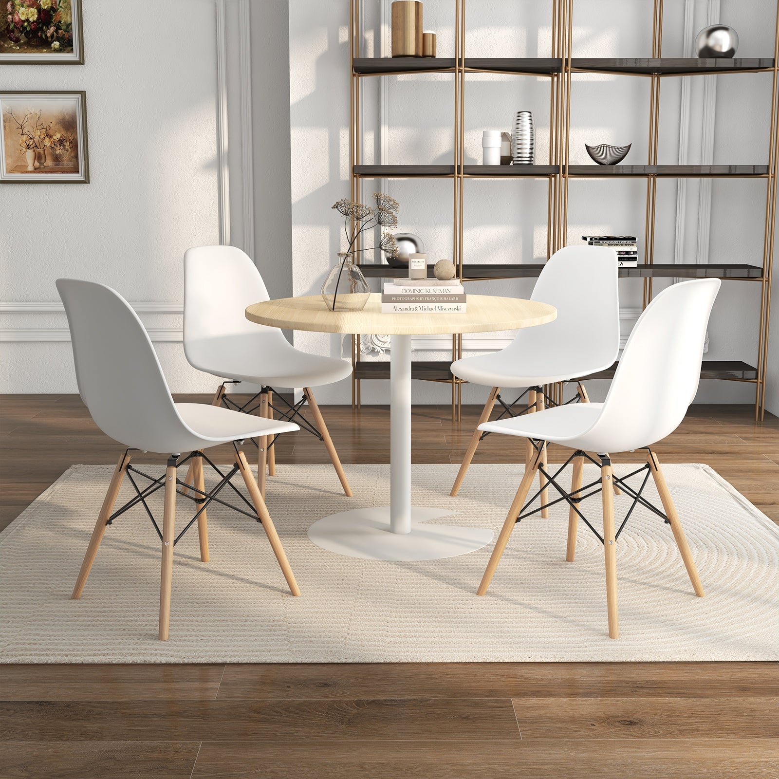 Set of 4 Modern Armless Dining Chairs Plastic Chairs with Wood Legs-White