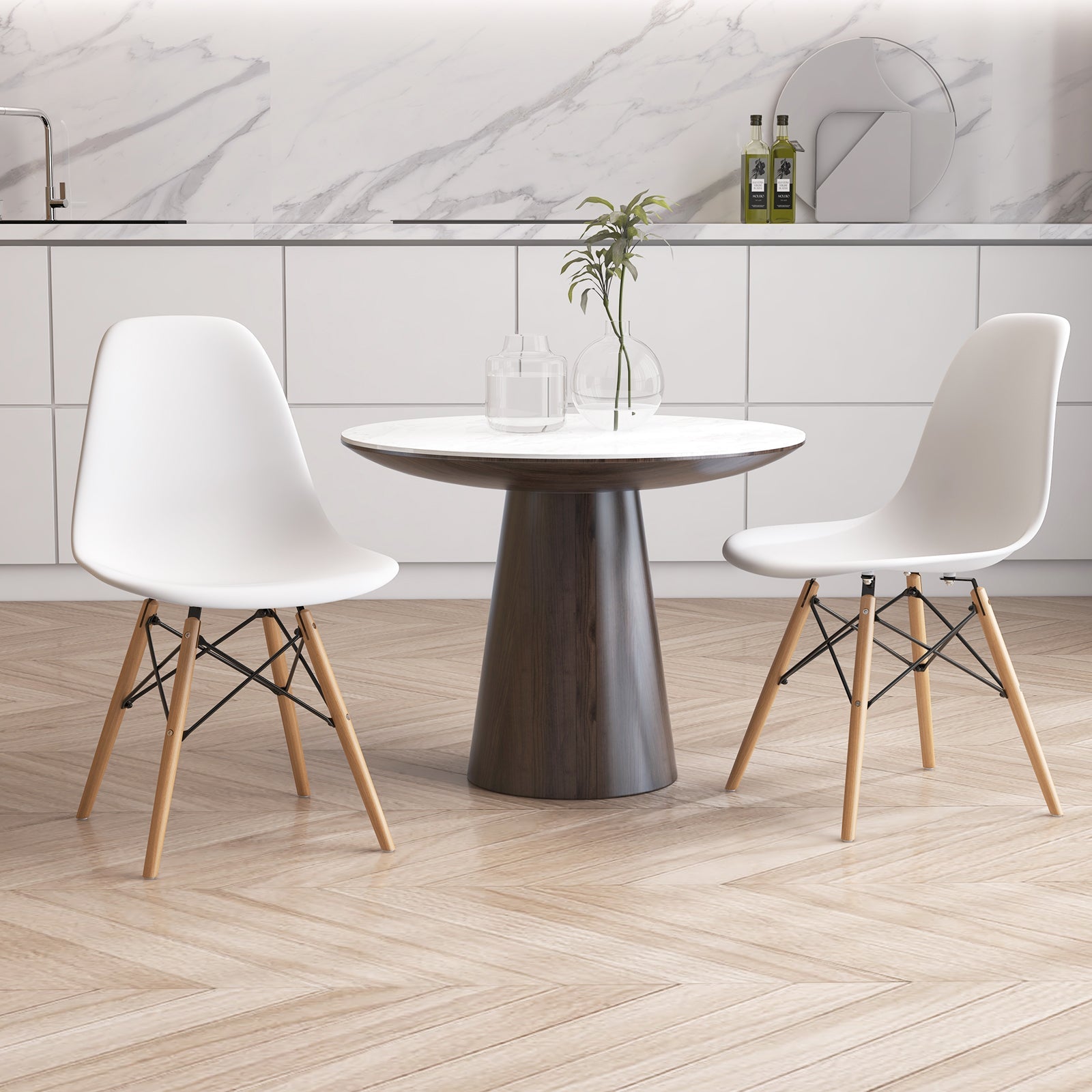 Set of 4 Modern Armless Dining Chairs Plastic Chairs with Wood Legs-White