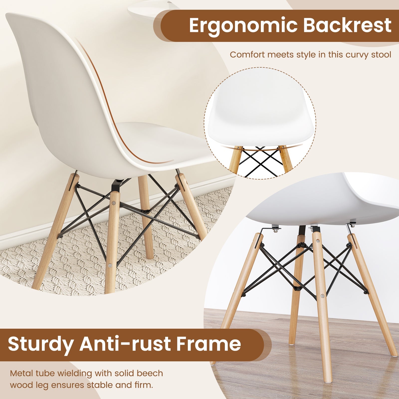 Set of 4 Modern Armless Dining Chairs Plastic Chairs with Wood Legs-White