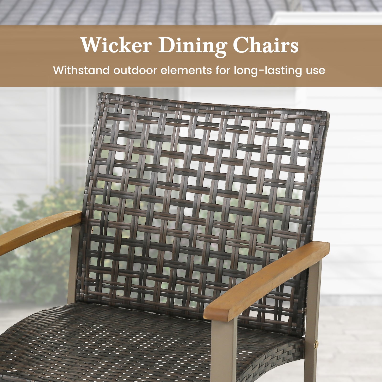 Set of 4 Patio Rattan Dining Chairs with Acacia Wood Armrests-Set of 4