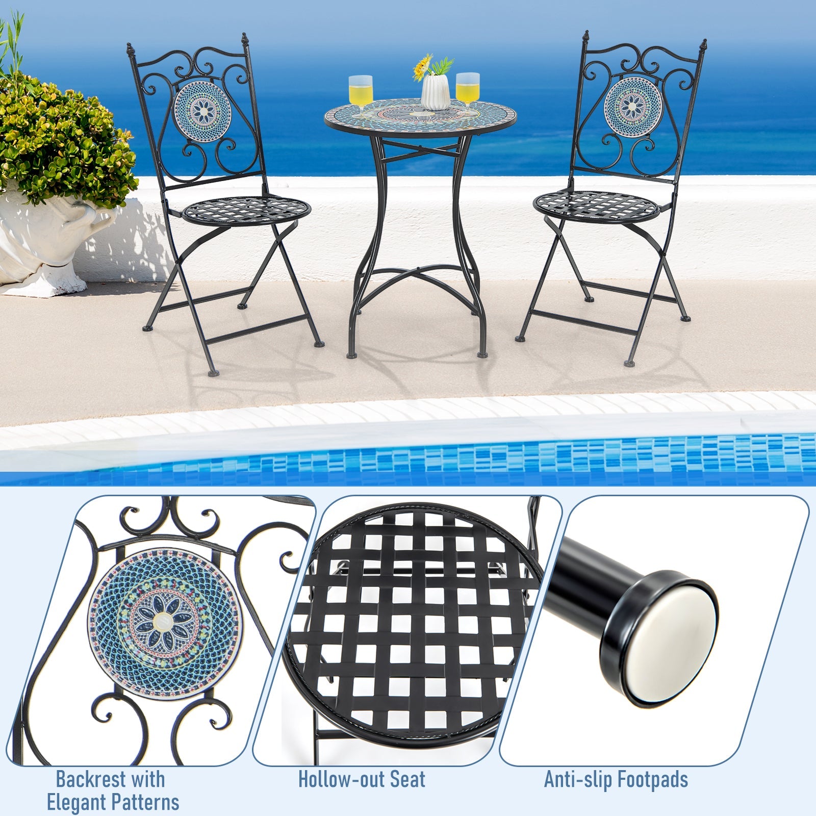 Set of 2 Mosaic Chairs for Patio Metal Folding Chairs-Multicolor
