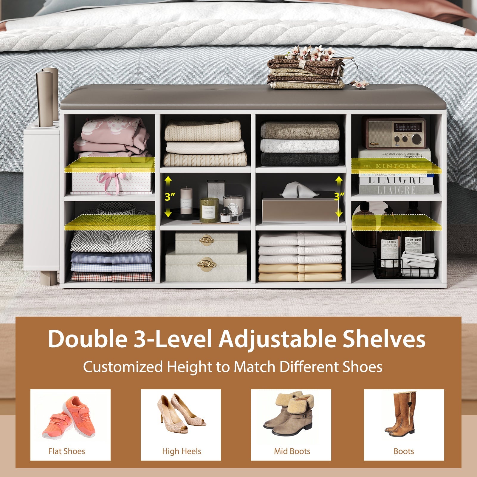 Shoe Storage Bench with Umbrella Stand and Adjustable Shelf-White