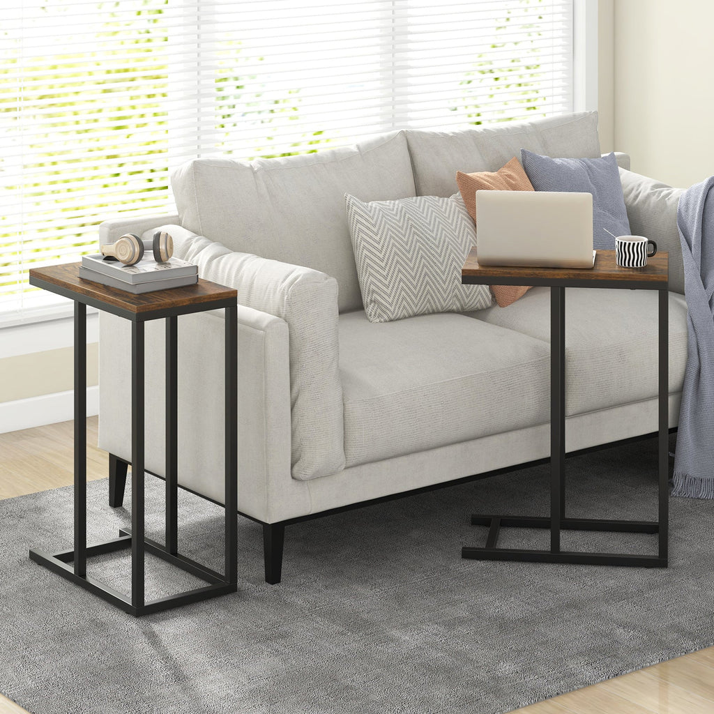 C-shaped Side Table with Heavy-duty Metal Frame-Rustic Brown