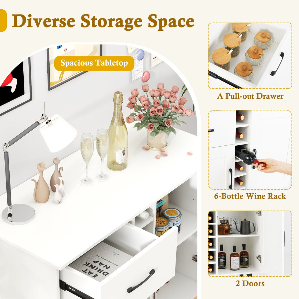 Modern Wine Bar Buffet Cabinet with 6-Bottle Wine Rack-White