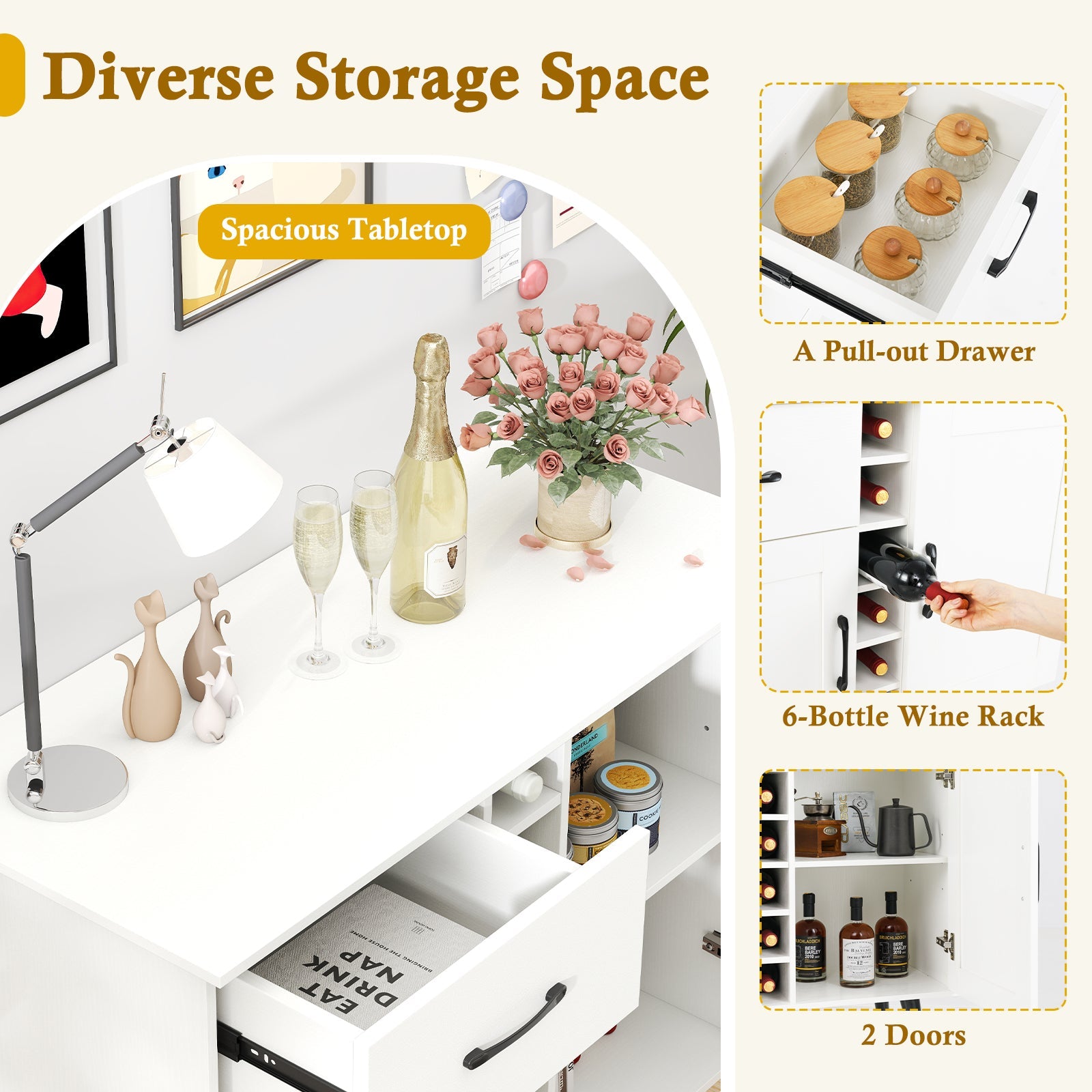 Modern Wine Bar Buffet Cabinet with 6-Bottle Wine Rack-White