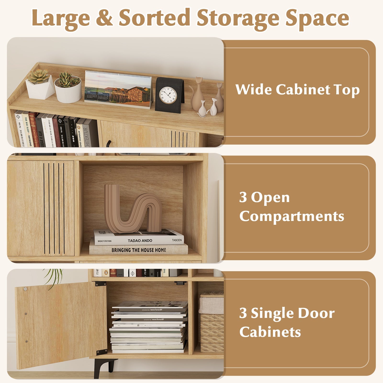 Sideboard Storage Cabinet Bookcase with 3 Doors and Open Compartments-Oak